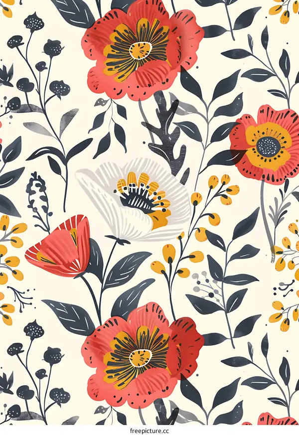 Floral Pattern with Pink and Yellow Flowers on White Background