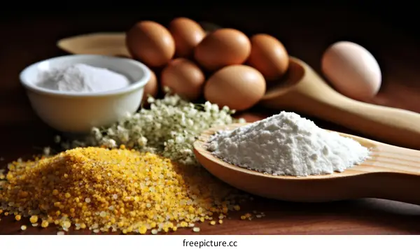 White powder and brown eggs on a wooden table