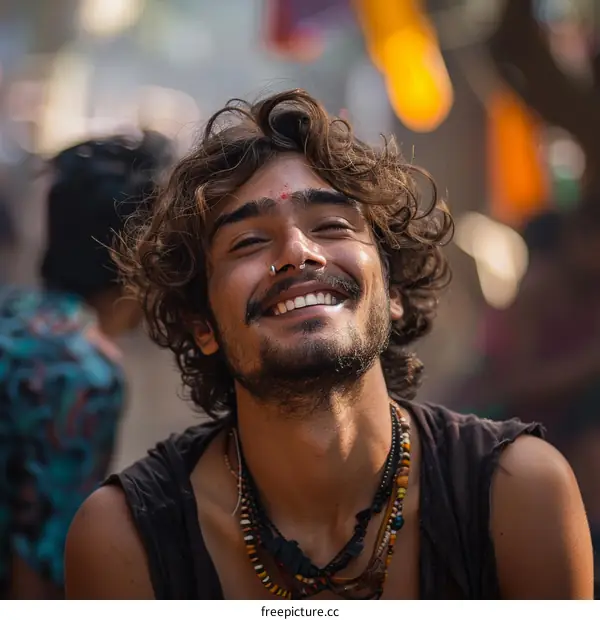 Portrait of a smiling young man with long brown hair and a beard wearing a necklace
