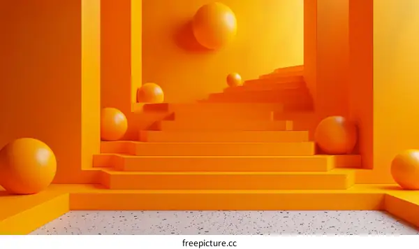 Orange Minimalist Architecture with Spheres and Stairs