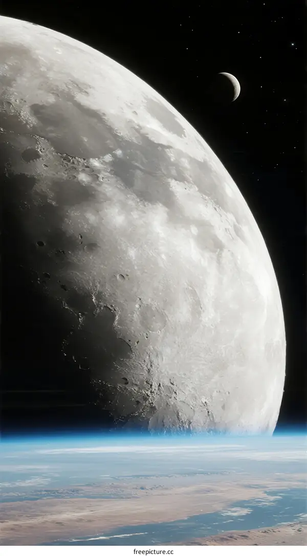 The Moon and Earth from Space with Distant Crescent