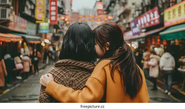 Two Asian Women Walking In A Busy Market In Asia