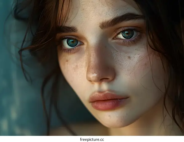 portrait of a young woman with freckles and blue eyes