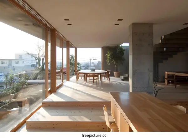 Modern Minimalist Interior Design with Large Windows and Wooden Floor