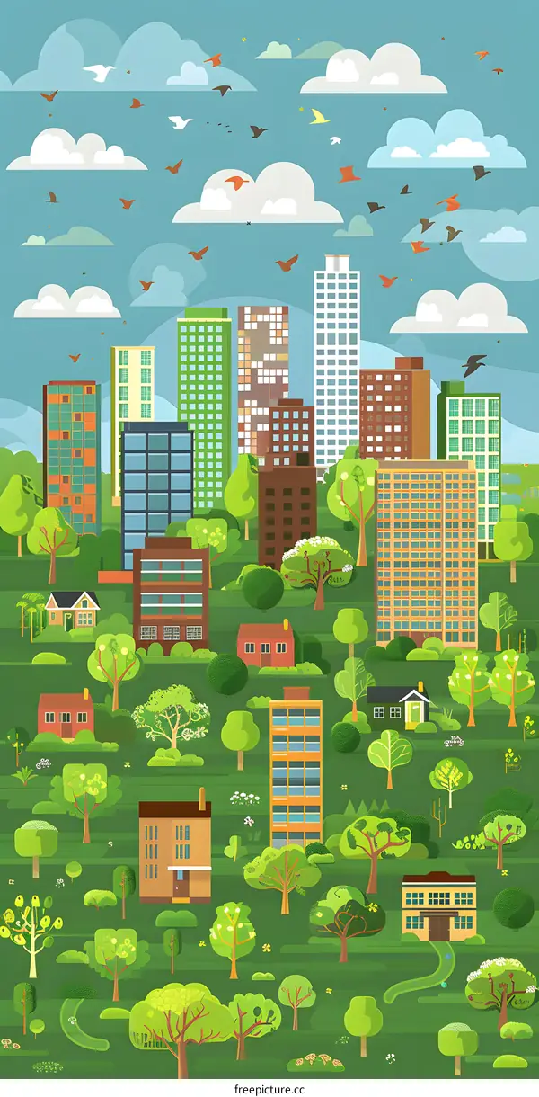 Illustrated Cityscape with Buildings and Trees
