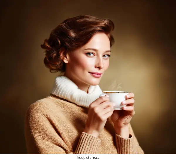 Elegant Woman Enjoying a Warm Beverage