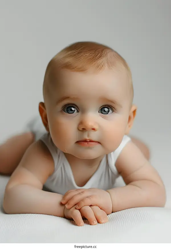 Cute Caucasian Baby Girl Looking at Camera with Big Blue Eyes