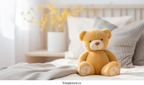 A cute teddy bear sitting on a bed with a vase of yellow flowers in the background