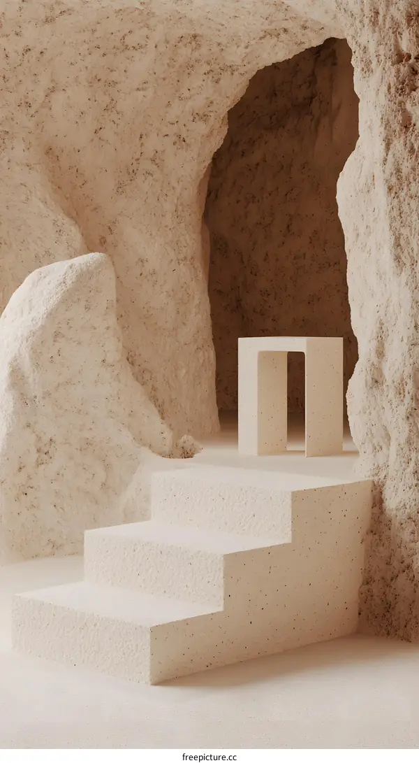 Minimalist 3D Render of Stone Cave with Stairs and Stool