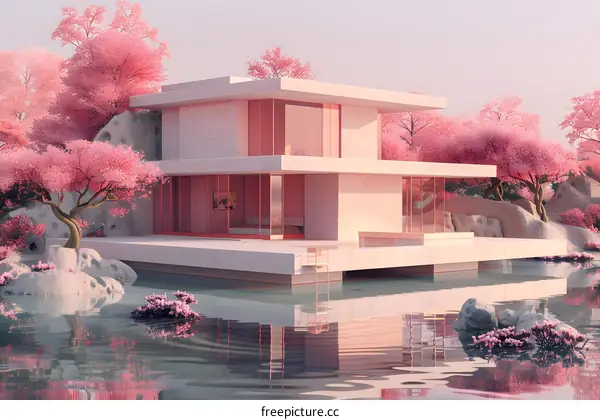 Modern Pink House With Cherry Blossoms