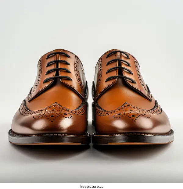 A pair of brown leather shoes with brogue detailing