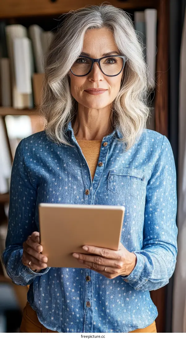 Senior Woman Holding Tablet in Library Setting