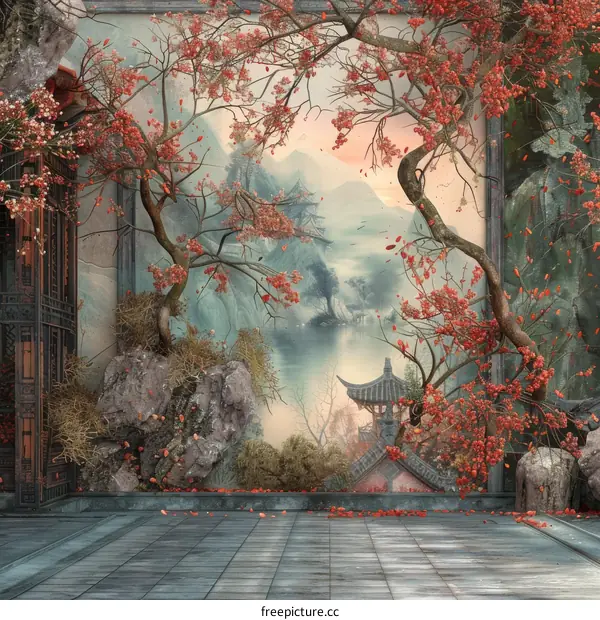 Tranquil Courtyard with Cherry Blossoms and Lake Views