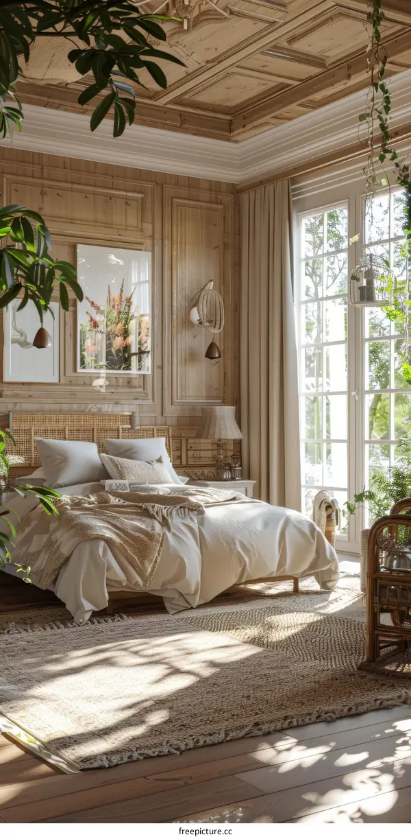 Wooden Bedroom with Green Plants