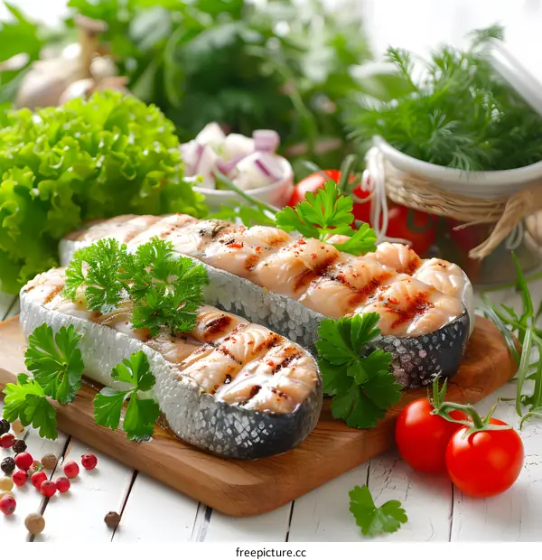 Grilled salmon with parsley, tomatoes and spices