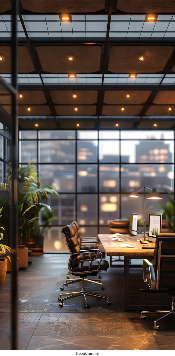 Modern office interior with large windows and plants