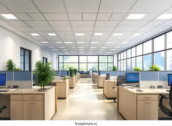 Modern Office Interior Design with Large Windows and Natural Light