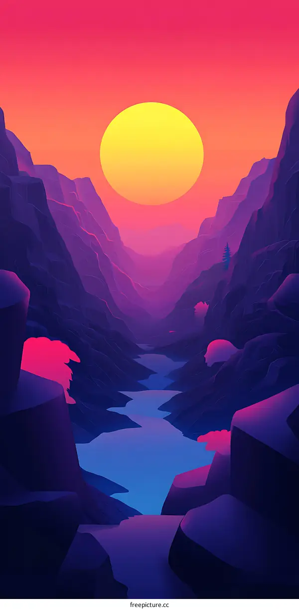 Mountain Sunset with Canyon and River