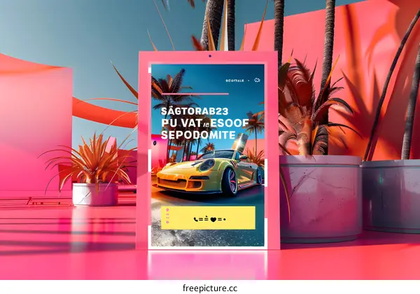 Yellow Sports Car Poster with Palm Trees
