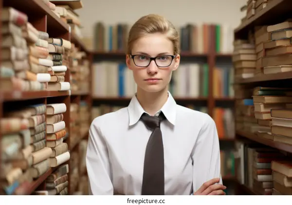 portrait of a young woman wearing glasses in a library
