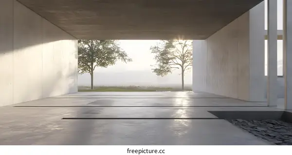 Minimalist Architecture with Concrete Walls and a View of Trees and Fog