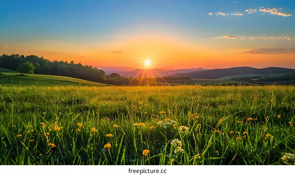 Golden Hour Sunset Over Rolling Green Hills