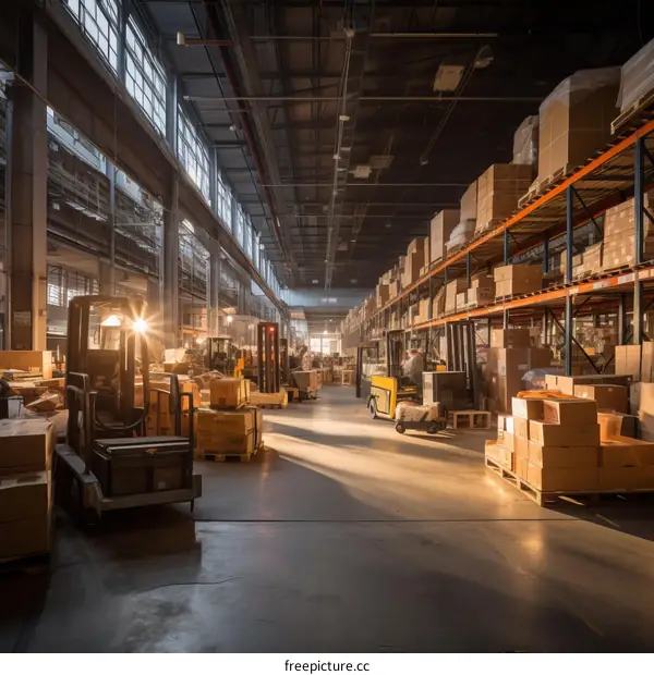 Industrial Warehouse with Forklifts and Loaded Shelves