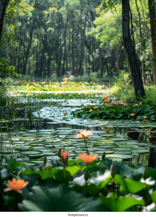 Orange Water Lilies in a Tranquil Forest Pond