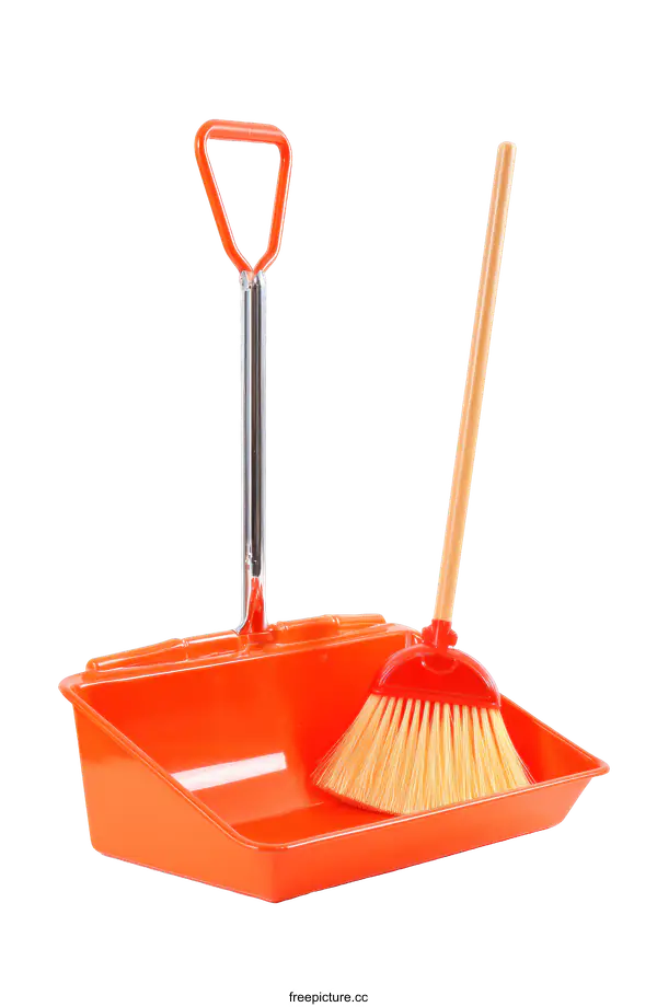 [Transparent Background PNG]Orange Dustpan and Broom Set for Cleaning