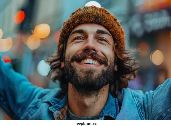 Portrait of a Bearded Man in a Knit Hat Looking Up