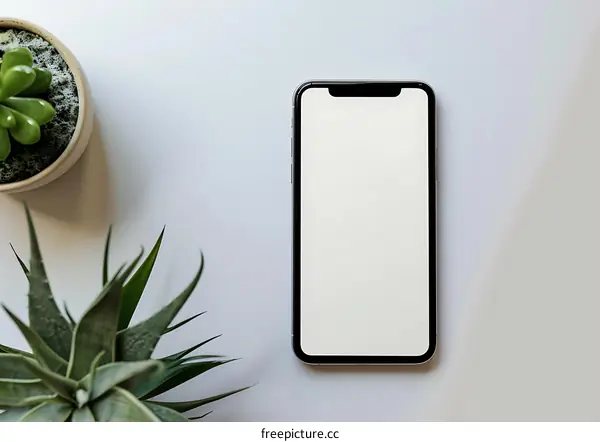 White Background with a Smartphone and Two Plants