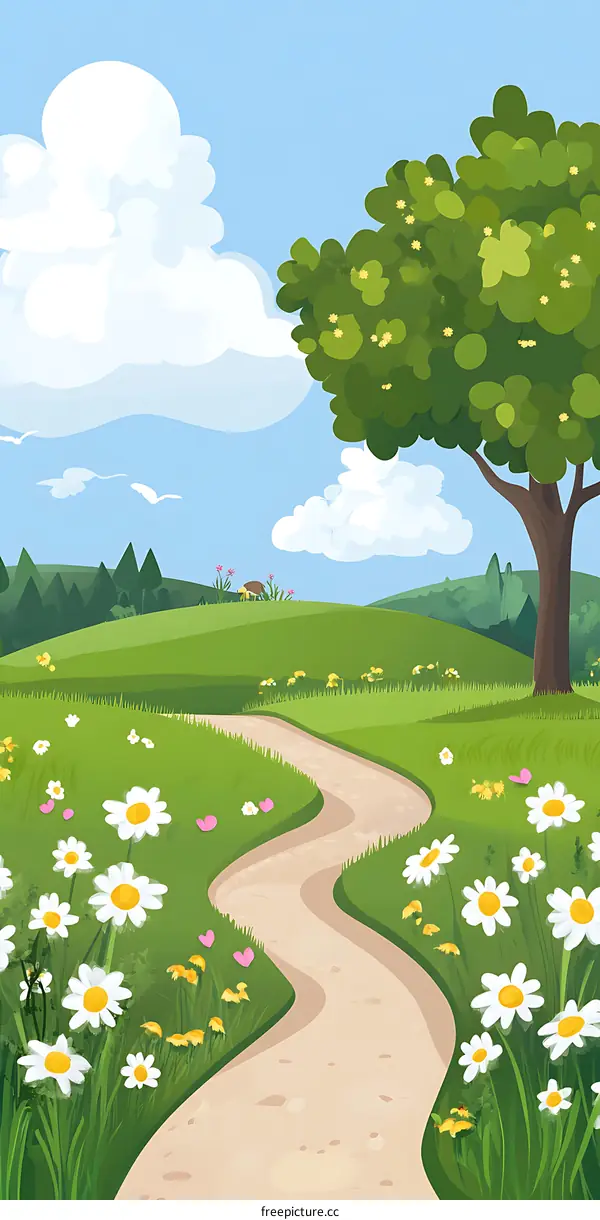 Beautiful Spring Landscape with Winding Path and Daisies