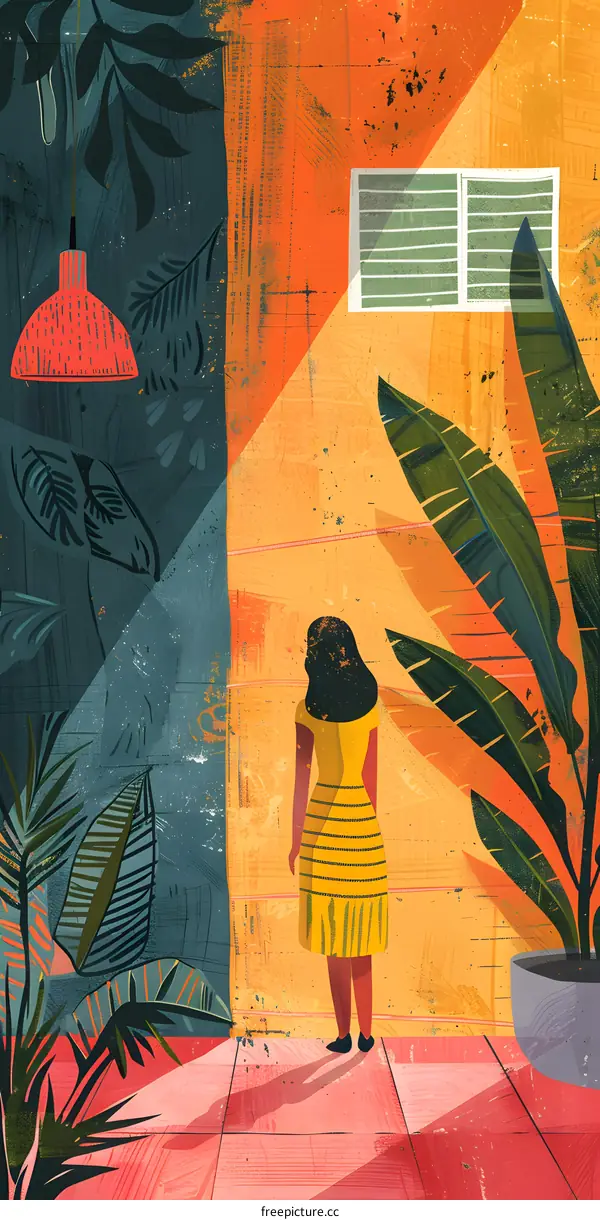 A woman standing in a room with a yellow wall and a blue wall