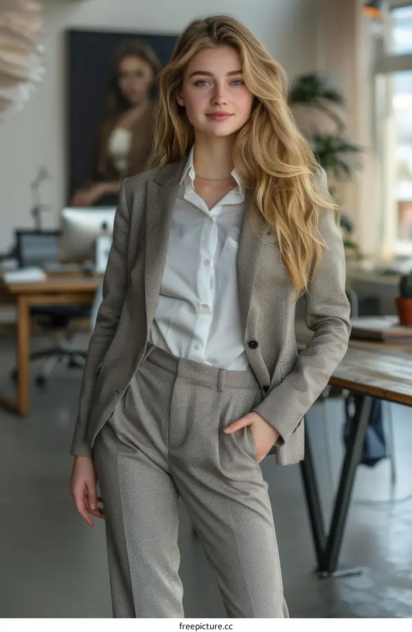 A young woman in a suit standing in an office