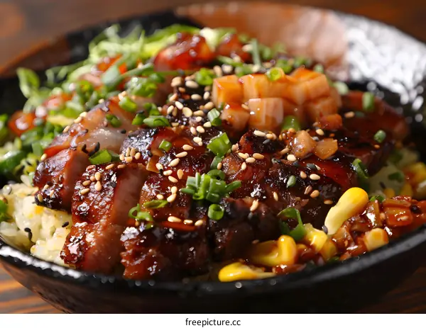 A delicious bowl of Japanese BBQ pork with rice and corn