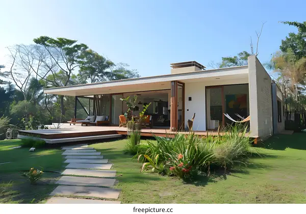 Modern House Design With Large Windows And Wooden Deck