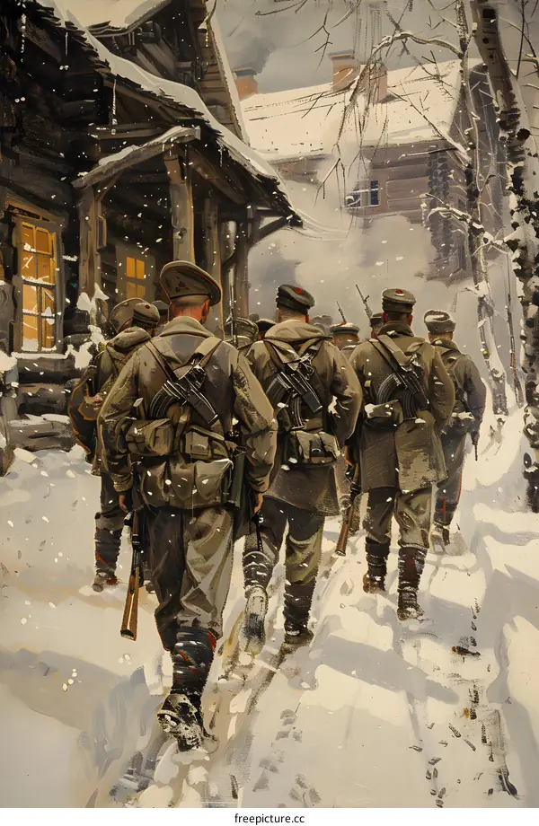 A group of soldiers in winter uniform walking in the snow