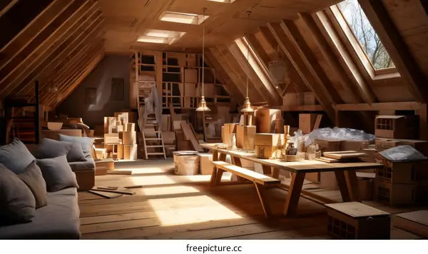 Attic space with wooden beams and skylights