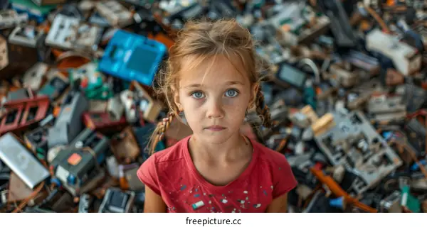 Portrait of a pensive girl standing in a junkyard
