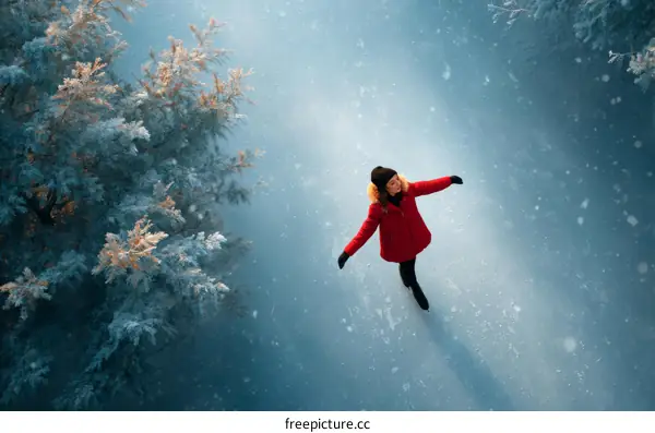 Winter Ice Skating Woman in Snowy Forest