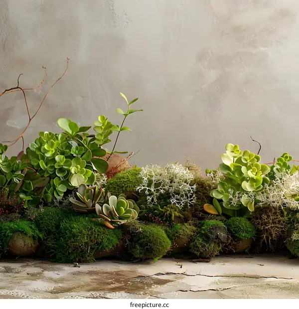 Green Succulents and Moss Arrangement on Rustic Background