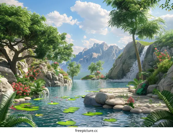 Enchanting Fantasy Landscape with Majestic Mountains, Azure Lake, and Cascading Waterfall