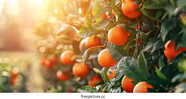 Ripe Oranges Hanging from Branch in Orchard