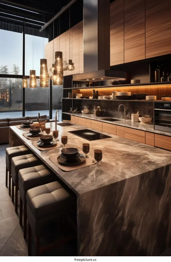 Modern minimalist kitchen design with large island and dark wood cabinets