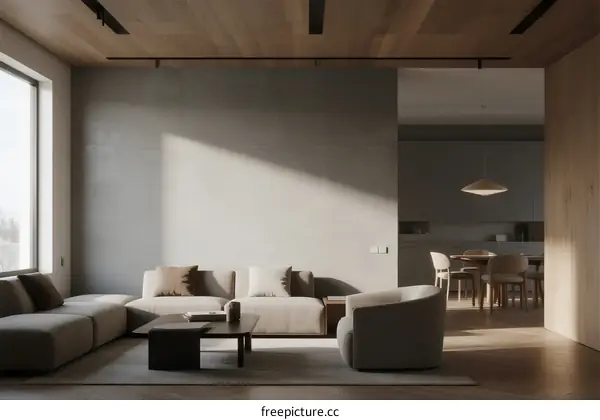 Modern minimalist living room with light-colored furniture and large windows