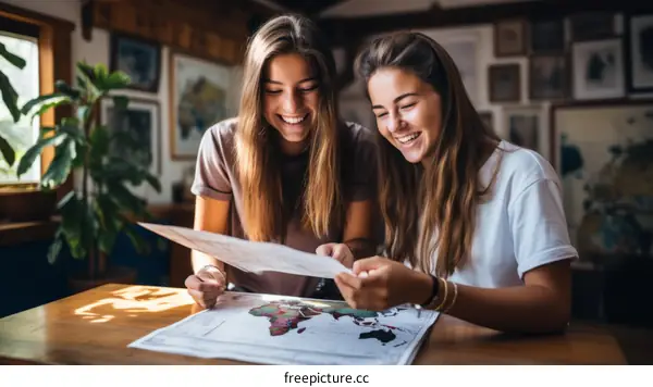 Two young women looking at a world map