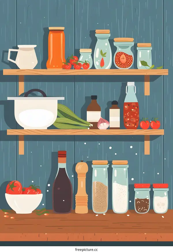 Kitchen Spices and Ingredients on Wooden Shelves