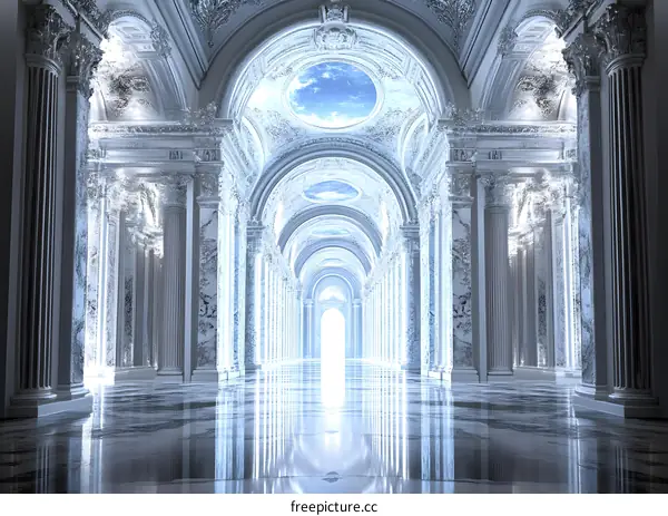 White Marble Hallway With Archways And Skylights