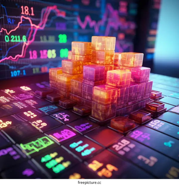 A glowing 3D rendering of a cityscape made of glowing blocks.