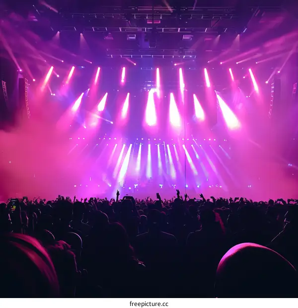 Purple stage lights at a concert with many concertgoers